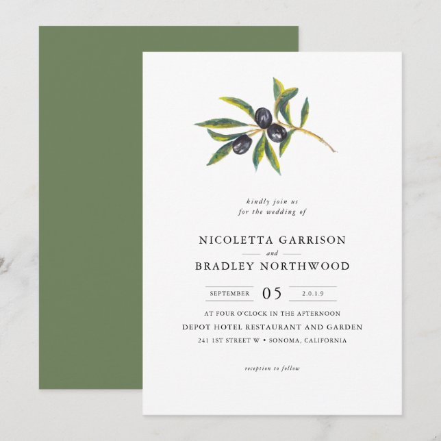 Invitation L'aquarelle quitte le verger olive | épousant (Devant / Derrière)