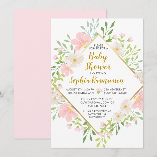 Invitation L'aquarelle rose fleurit l'invitation de baby (Devant / Derrière)