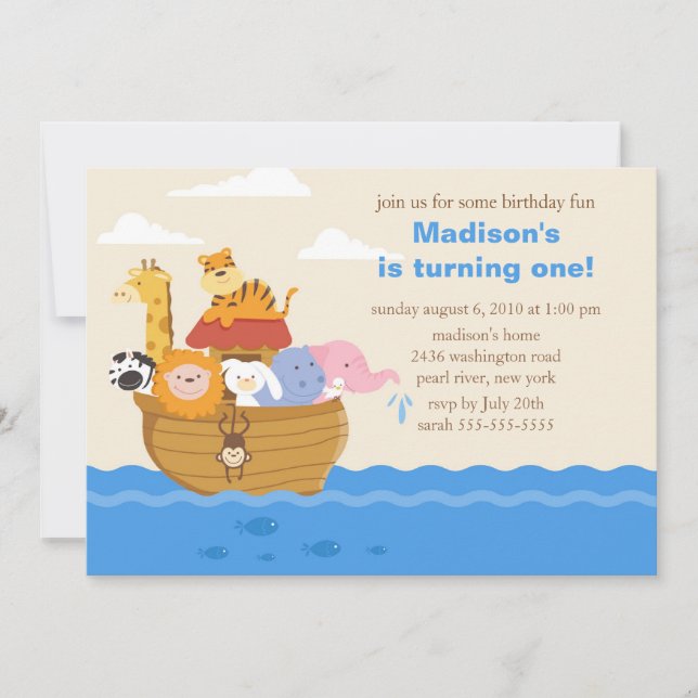 Invitation L'Arche de Cute Noah 1er anniversaire (Devant)