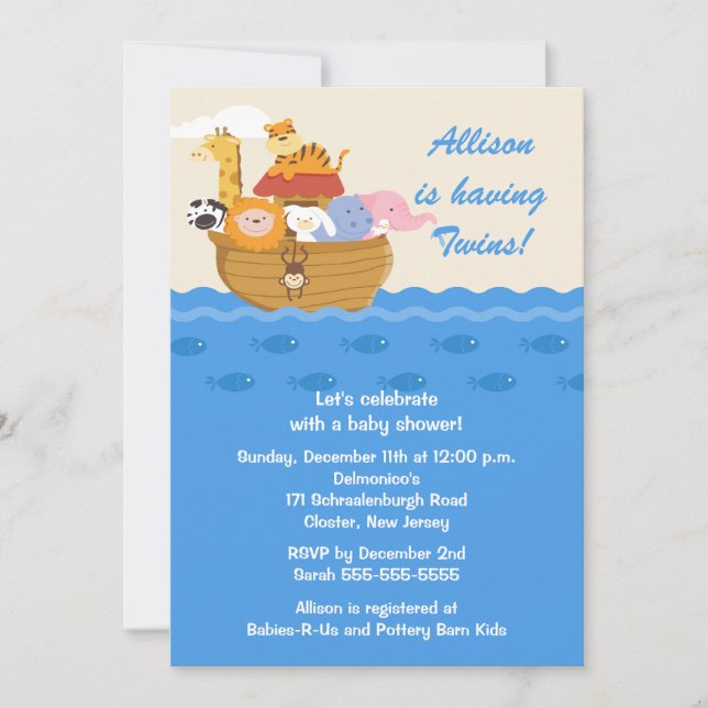 Invitation L'arche de Noé jumelle le baby shower (Devant)