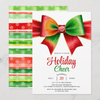 Invitation Large red, green bow and stripes Christmas party