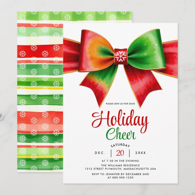 Invitation Large red, green bow and stripes Christmas party (Devant / Derrière)