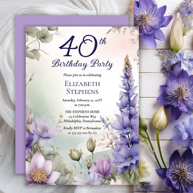 Invitation Larkspur | Water Lily Floral 40e fête d'anniversai (Elegant Boho Larkspur and Water Lilies Floral 40th Birthday Party Invitation - Print | Digital)
