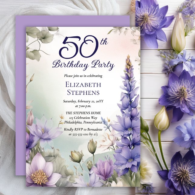 Invitation Larkspur | Water Lily Floral 50th Birthday Party (Elegant Boho Larkspur and Water Lilies Floral 50th Birthday Party Invitation - Print | Digital)