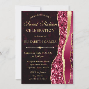 Invitation Larmes de Glam Bourgogne et Or Bokeh Sweet Sixteen