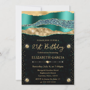 Invitation Larmes de Glam sarcelle et or Bokeh Fête d'anniver