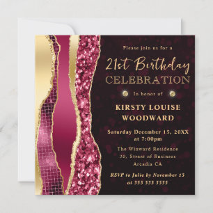 Invitation Larmes de glamour bordeaux et or Bokeh 21e anniver