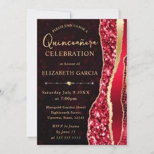 Invitation Larmes de glamour rouge et or Bokeh Quinceanera