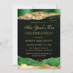 Invitation Larmes de glamour vert et or Nouvel An