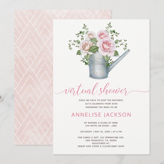 Invitation L'arrosage peut sauge rose blush baby shower virtu (Devant / Derrière)