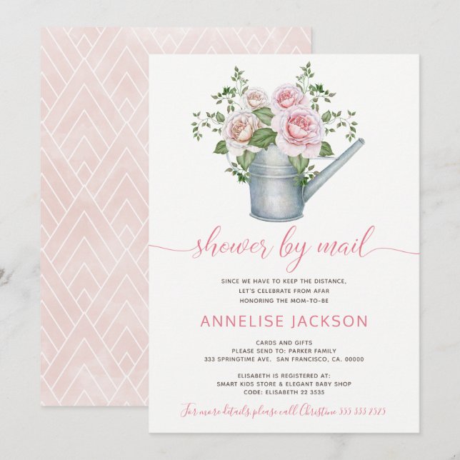 Invitation L'arrosage peut sauge rose roses baby shower par c (Devant / Derrière)