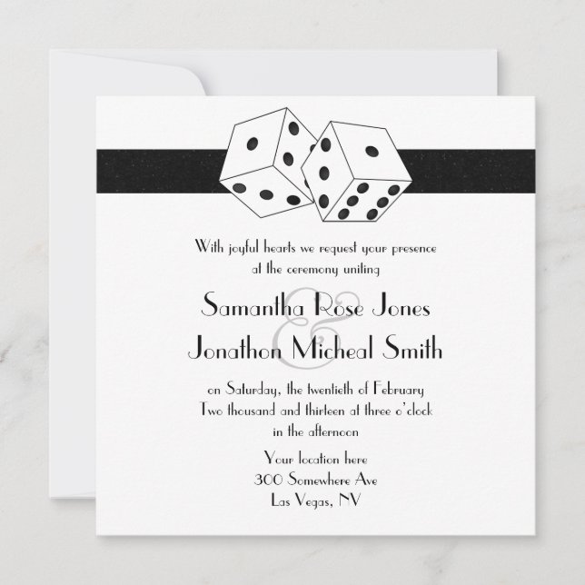 Invitation Las Vegas Mariage Dice thème blanc et noir (Devant)