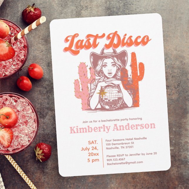 Invitation Last Disco Retro Pink Cowgirl Bachelorette Party  (Créateur téléchargé)