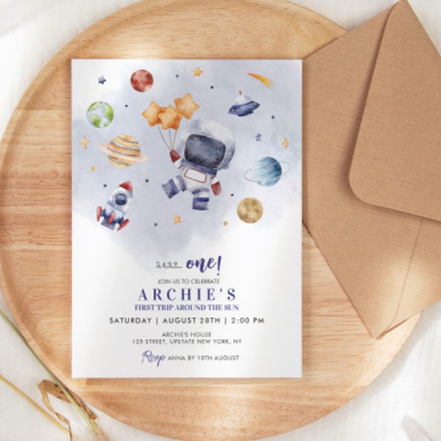 Invitation L'Astronaut Espace Premier Voyage Autour Du Soleil (astronaut birthday invitations boy 1st birthday invitation template galaxy)