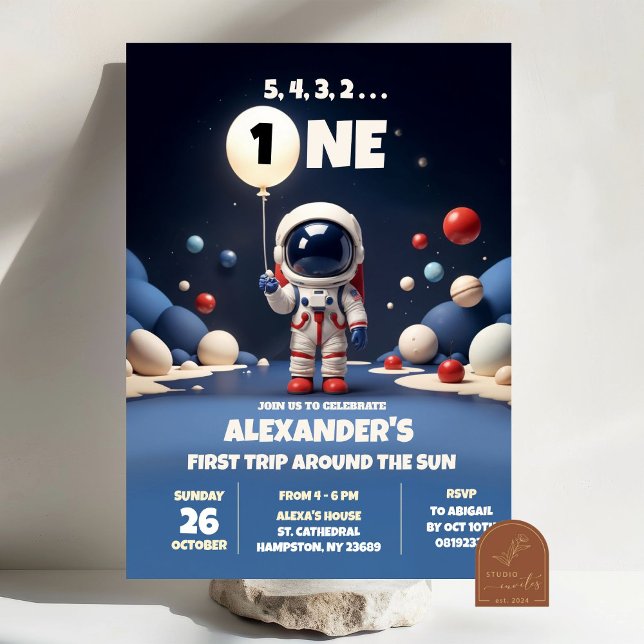 Invitation L'astronaute bleu hors de l'espace Premier anniver (Créateur téléchargé)
