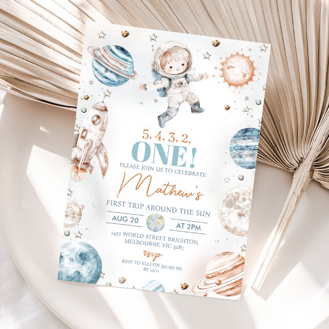 Invitation L'astronaute Blue Premier Voyage autour du soleil  (Boys First Trip Around the Sun 1sy Birthday Invitation, Astronaut Outer-space Themed Planets Space)