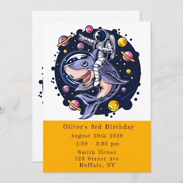 Invitation L'astronaute de requin Space Boy Fête d'anniversai (Devant / Derrière)
