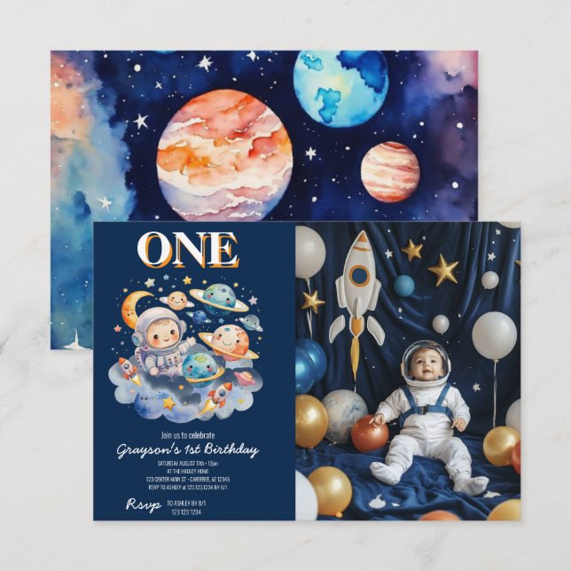 Invitation L'astronaute Planètes spatiales garçon 1er anniver (Devant / Derrière)