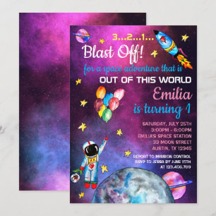 Invitation L'astronaute spatial Rainbow Balloons Rocket Moon