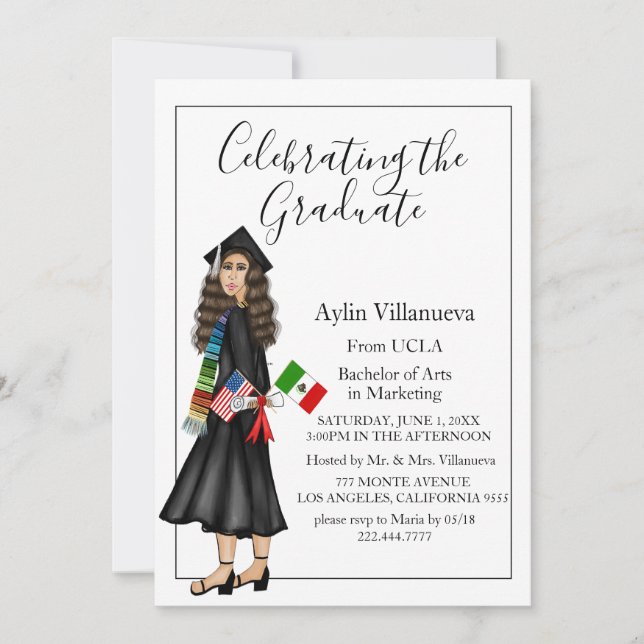 Invitation Latina avec drapeaux et diplôme de l'université (Devant)