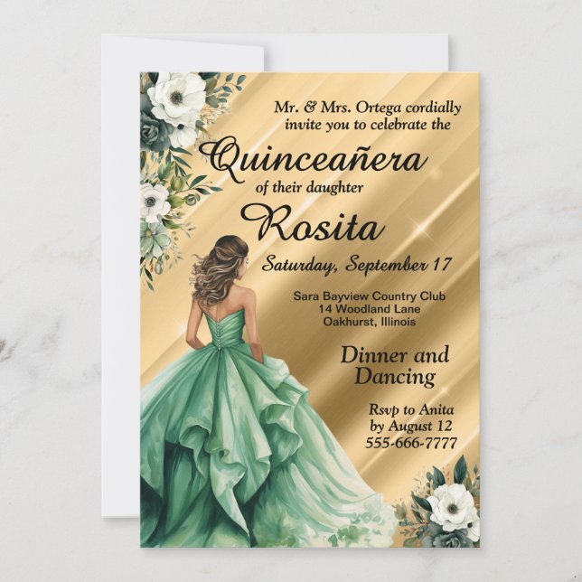 Invitation Latino Emerald Green Quinceanera (Devant)