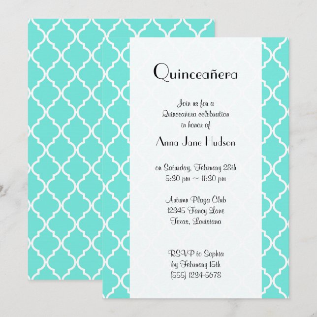 Invitation Latticerie Bleue, Quatrefoil, Trellis, Quinceanera (Devant / Derrière)