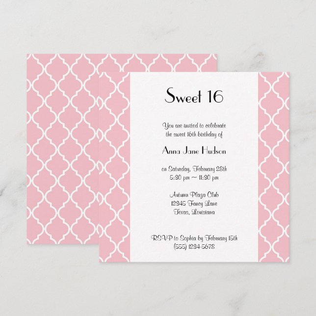 Invitation Latticework rose, Quatrefoil, Trellis, Sweet 16 (Devant / Derrière)