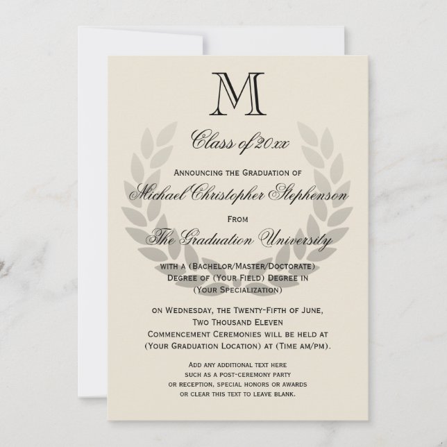 Invitation Laurel Crest Monogram Classic College Graduation (Devant)