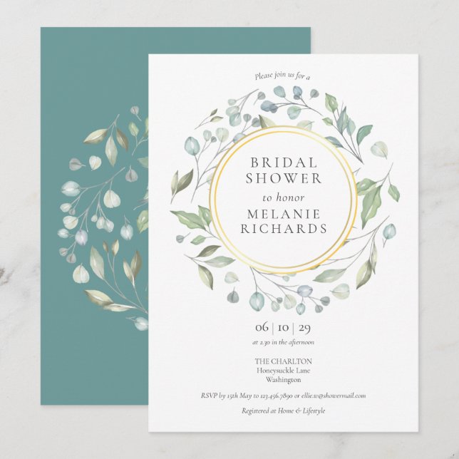 Invitation Laurel Garland Floral Gold Foil Fête des mariées (Devant / Derrière)