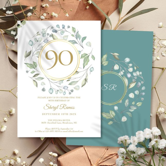 Invitation Laurel Garland Gold Monogram 90e anniversaire (Laurel Garland Gold Monogram 90th Birthday Invitation)