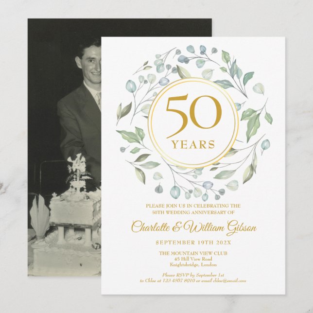 Invitation Laurel Garland Green Gold 50 Anniversaire Photo (Devant / Derrière)