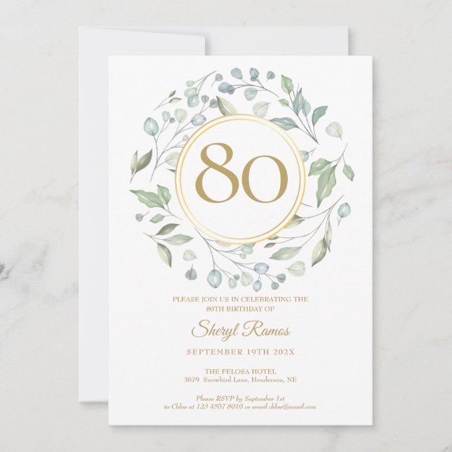 Invitation Laurel Garland Monogramme Or 80e Anniversaire (Devant)