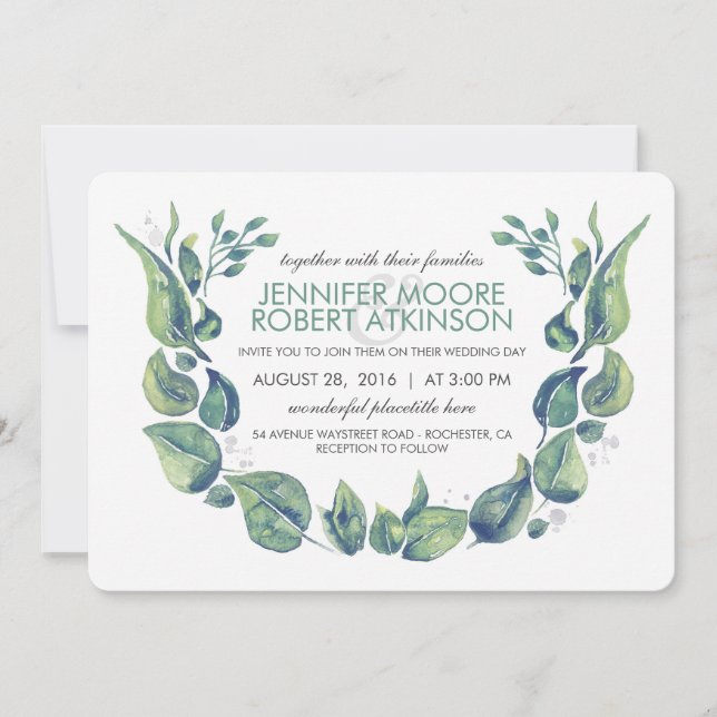 Invitation Laurel Greenery Wreath Watercolor Mariage (Devant)