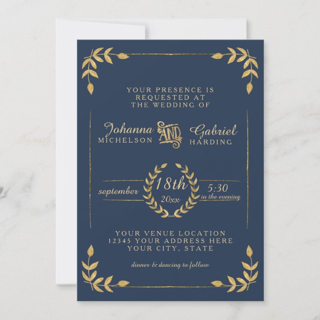 Invitation Laurel Leaf Typographie Marine Gold Mariage modern (Devant)