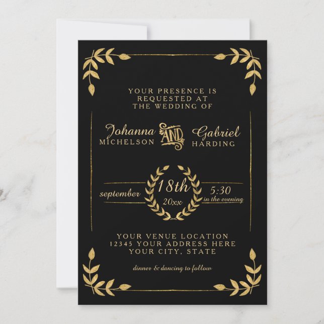 Invitation Laurel Leaf Typographie moderne Black Gold Mariage (Devant)
