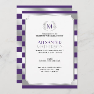 Invitation Laurel Monogrammed Purple et Silver Graduation