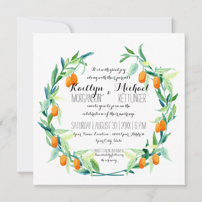 Invitation Laurel Wreath Kumquat Leaf Branch Modern Carré (Devant)