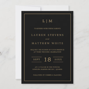 Invitation Lauren Noir et Or Monogramme Mariage élégant
