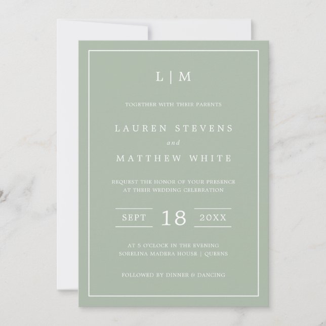 Invitation Lauren Sage Green Monogramme Mariage élégant (Devant)