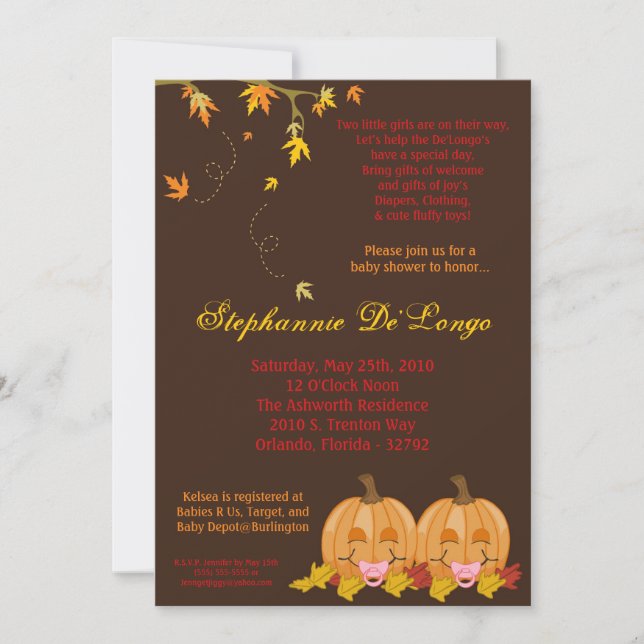 Invitation l'automne 5x7 laisse l'invitation JUMELLE de baby (Devant)