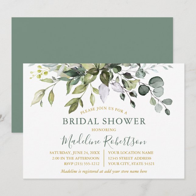 Invitation Lavage à l'eau Vert Sauge Or Fête de Mariage (Devant / Derrière)