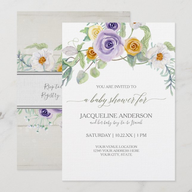 Invitation Lavande Ambre Rose Floral Baby shower Planches en  (Devant / Derrière)