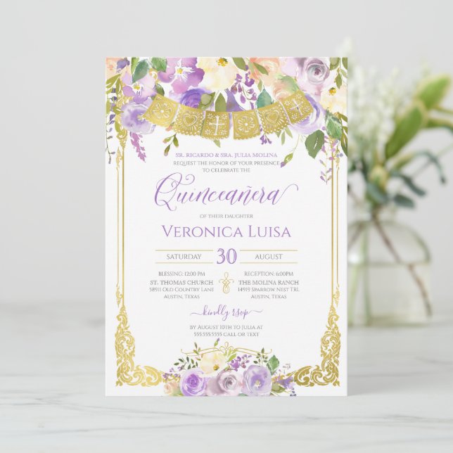 Invitation Lavande Aquarelle violette Florale Or Quinceanera (Debout devant)