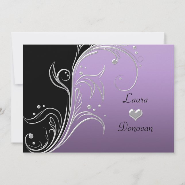 Invitation Lavande Argent Noir Florales Tourbillons Réception (Devant)