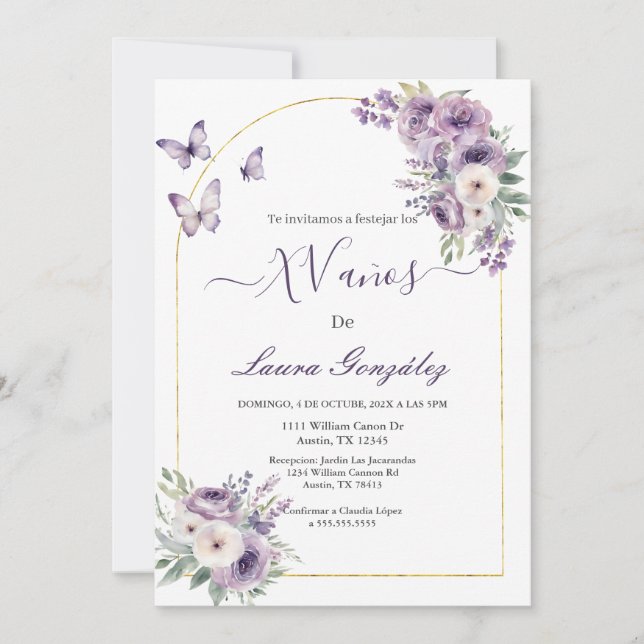 Invitation Lavande avec papillons Quinceanera espagnol (Devant)