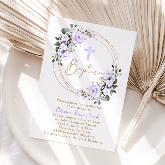 Invitation Lavande Baptême Floral Christening Gold Frame (Créateur téléchargé)
