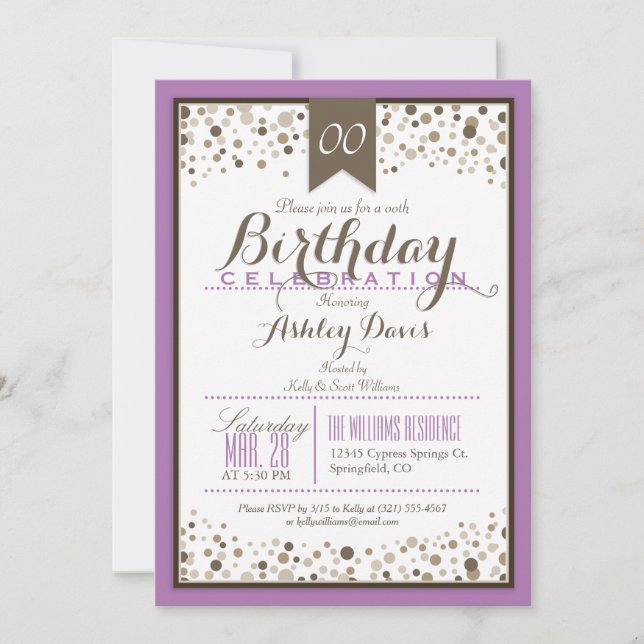 Invitation Lavande, Blanc & Taupe fête d'anniversaire moderne (Devant)