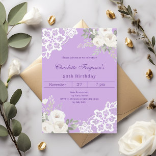 Invitation Lavande blanche roses dentelle anniversaire