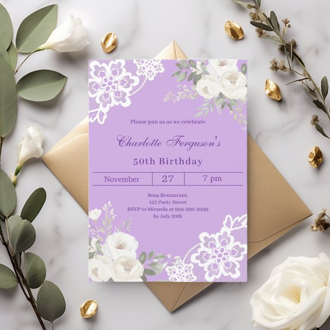 Invitation Lavande blanche roses dentelle anniversaire (Créateur téléchargé)