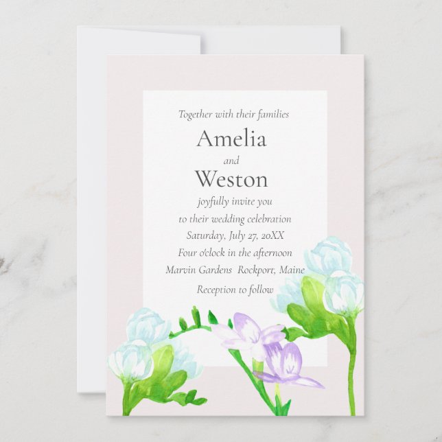Invitation Lavande Bleu Aquarelle Freesia Flowers Mariage (Devant)